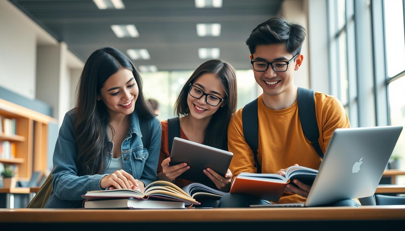 Students studying together in modern classroom